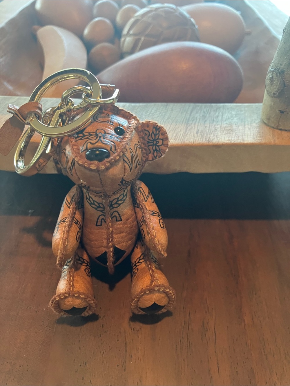 MCM Brown Leather Teddy Bear Keychain with Gold Hardware